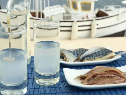 Ouzo and sardines, local products of Mytilene